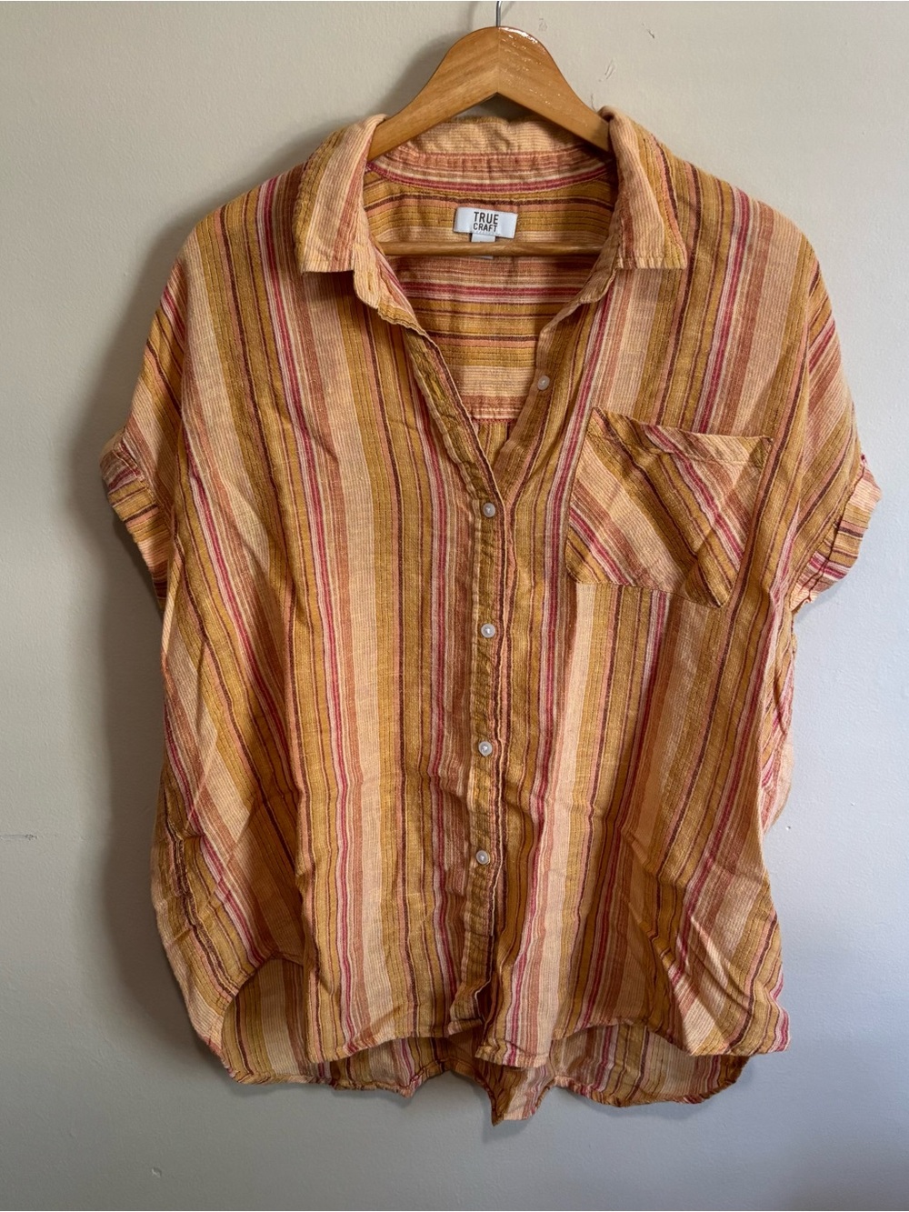True Craft Boho Linen Blend Striped Cap Sleeve Button Up Top XL